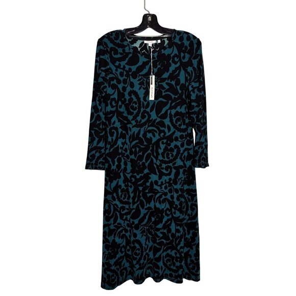 Chicos Travelers Peacock Teal Foliage Tales Midi Dress Long Sleeve - Picture 2 of 10